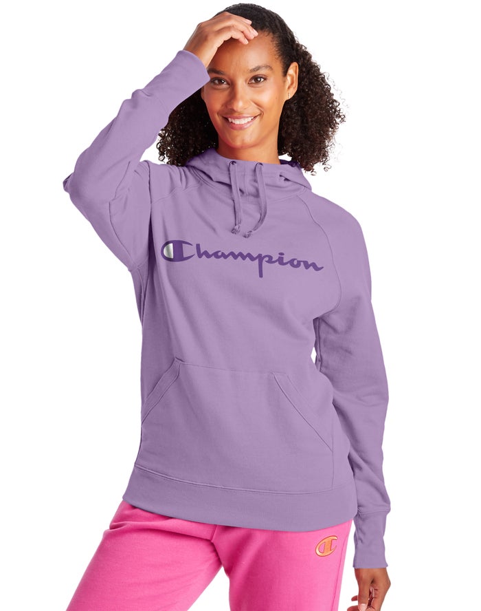 Champion Womens Hoodie NZ - Powerblend Fleece Script Logo Purple ( 3158-WSOTK )